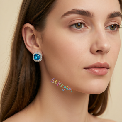 Light Blue Princess Crystal & Silver-Plated Halo Stud Earrings