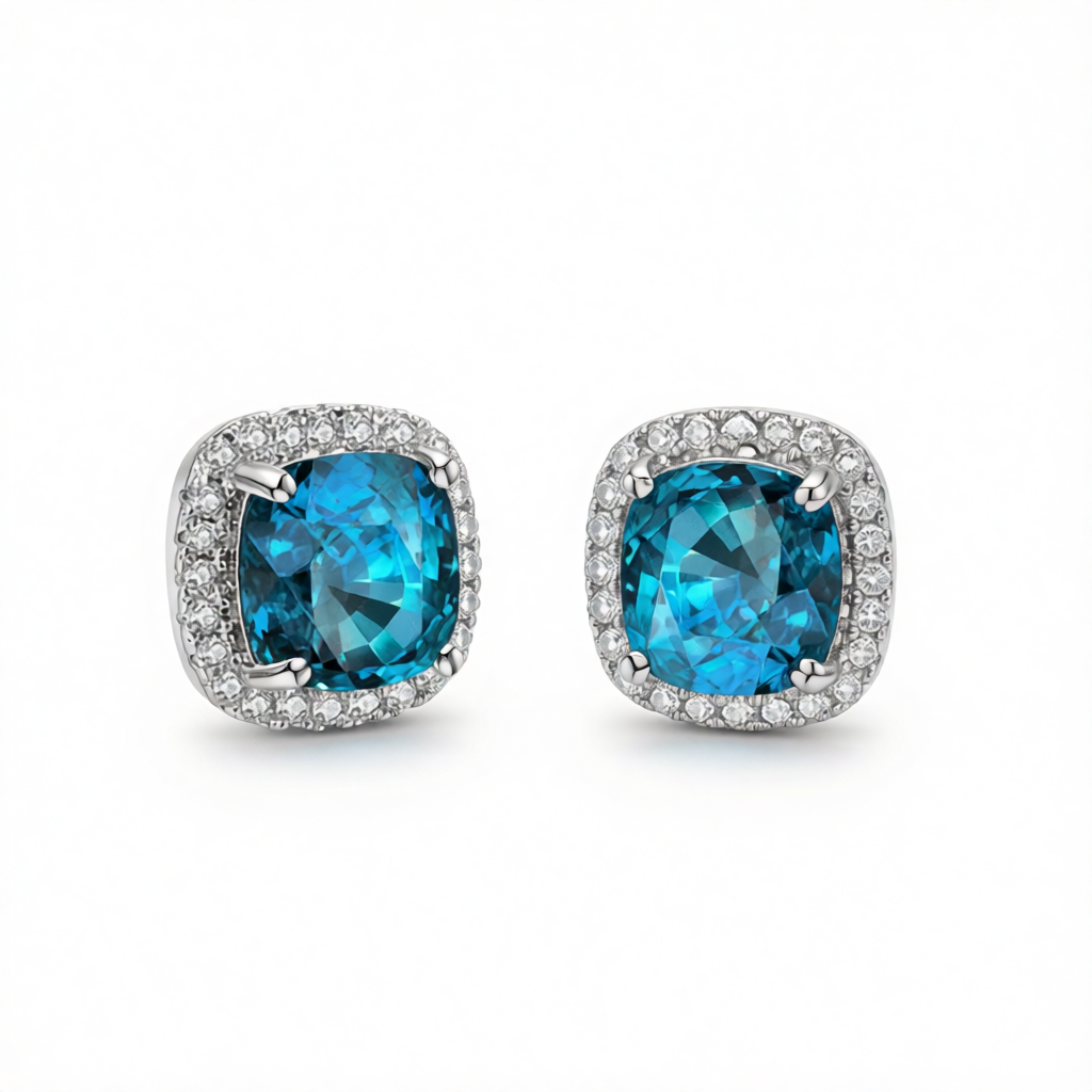 Light Blue Princess Crystal & Silver-Plated Halo Stud Earrings