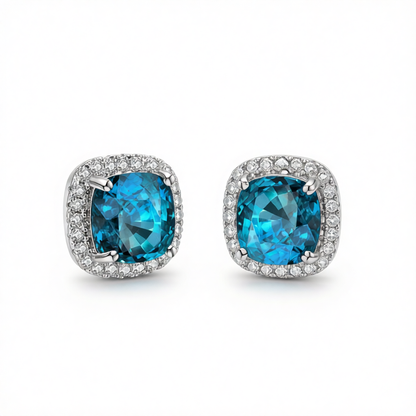 Light Blue Princess Crystal & Silver-Plated Halo Stud Earrings