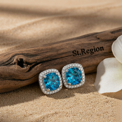 Light Blue Princess Crystal & Silver-Plated Halo Stud Earrings