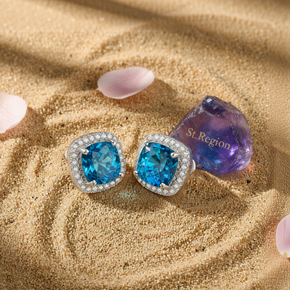 Light Blue Princess Crystal & Silver-Plated Halo Stud Earrings