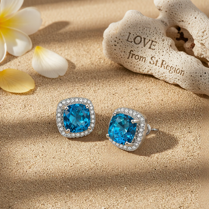 Light Blue Princess Crystal & Silver-Plated Halo Stud Earrings