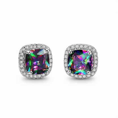 Colored Princess Crystal & Cubic Zirconia Silver-Plated Halo Stud Earrings