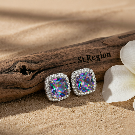 Colored Princess Crystal & Cubic Zirconia Silver-Plated Halo Stud Earrings