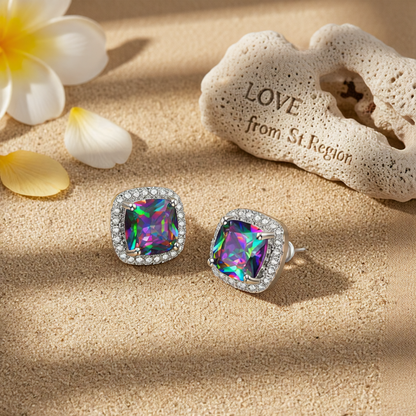 Colored Princess Crystal & Cubic Zirconia Silver-Plated Halo Stud Earrings