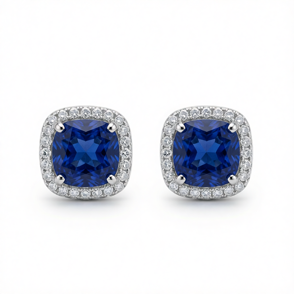 Navy Princess Crystal & Cubic Zirconia Silver-Plated Halo Stud Earrings