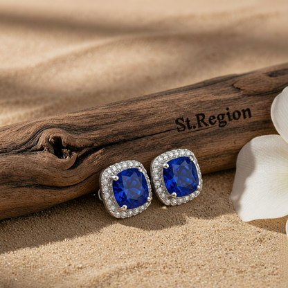 Navy Princess Crystal & Cubic Zirconia Silver-Plated Halo Stud Earrings