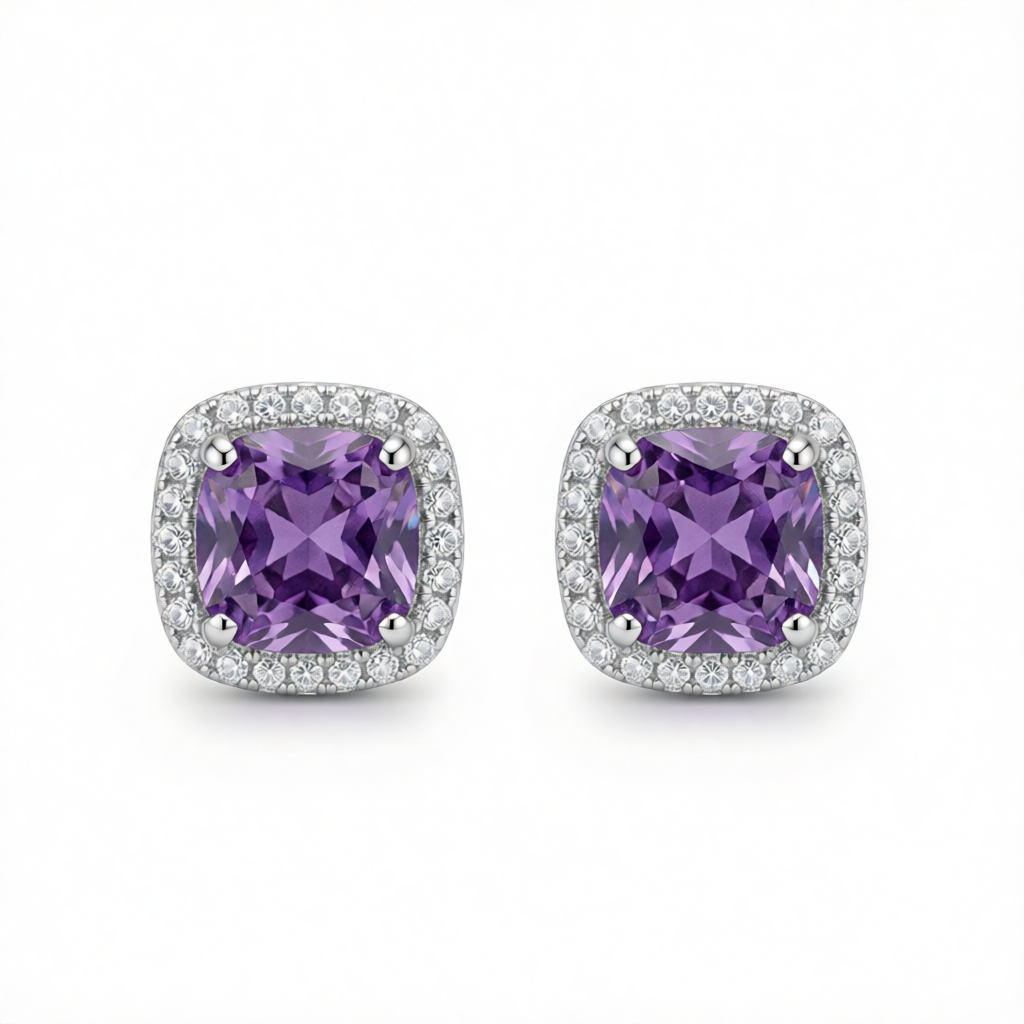 Purple Princess Crystal & Silver-Plated Halo Stud Earrings