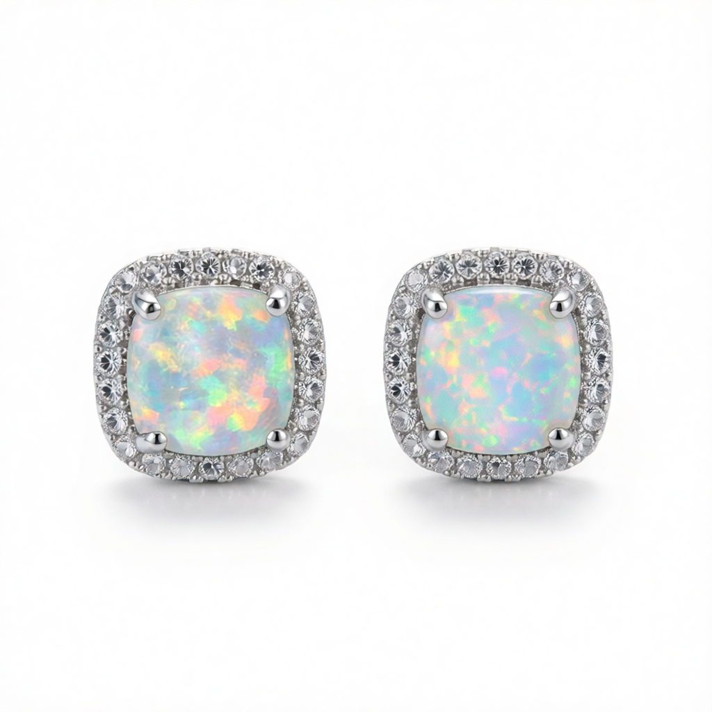 Princess Opal & Cubic Zirconia Silver-Plated Halo Stud Earrings