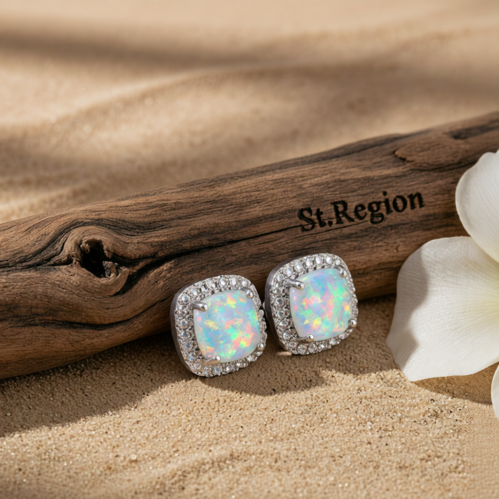 Princess Opal & Cubic Zirconia Silver-Plated Halo Stud Earrings