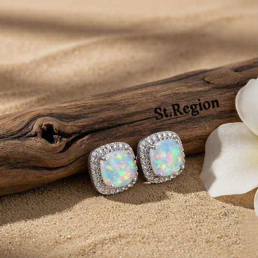 Princess Opal & Cubic Zirconia Silver-Plated Halo Stud Earrings
