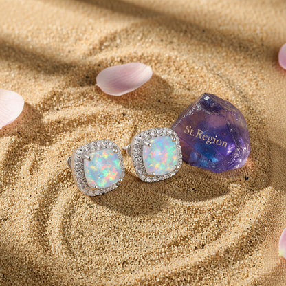 Princess Opal & Cubic Zirconia Silver-Plated Halo Stud Earrings