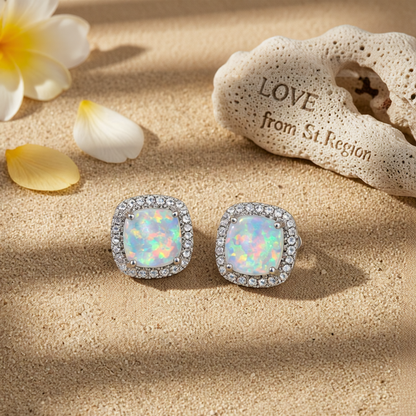 Princess Opal & Cubic Zirconia Silver-Plated Halo Stud Earrings