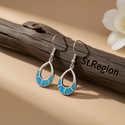 Blue Opal and Silver-Plated Open Teardrop Earrings, silver drop earrings for women, everyday style, front view