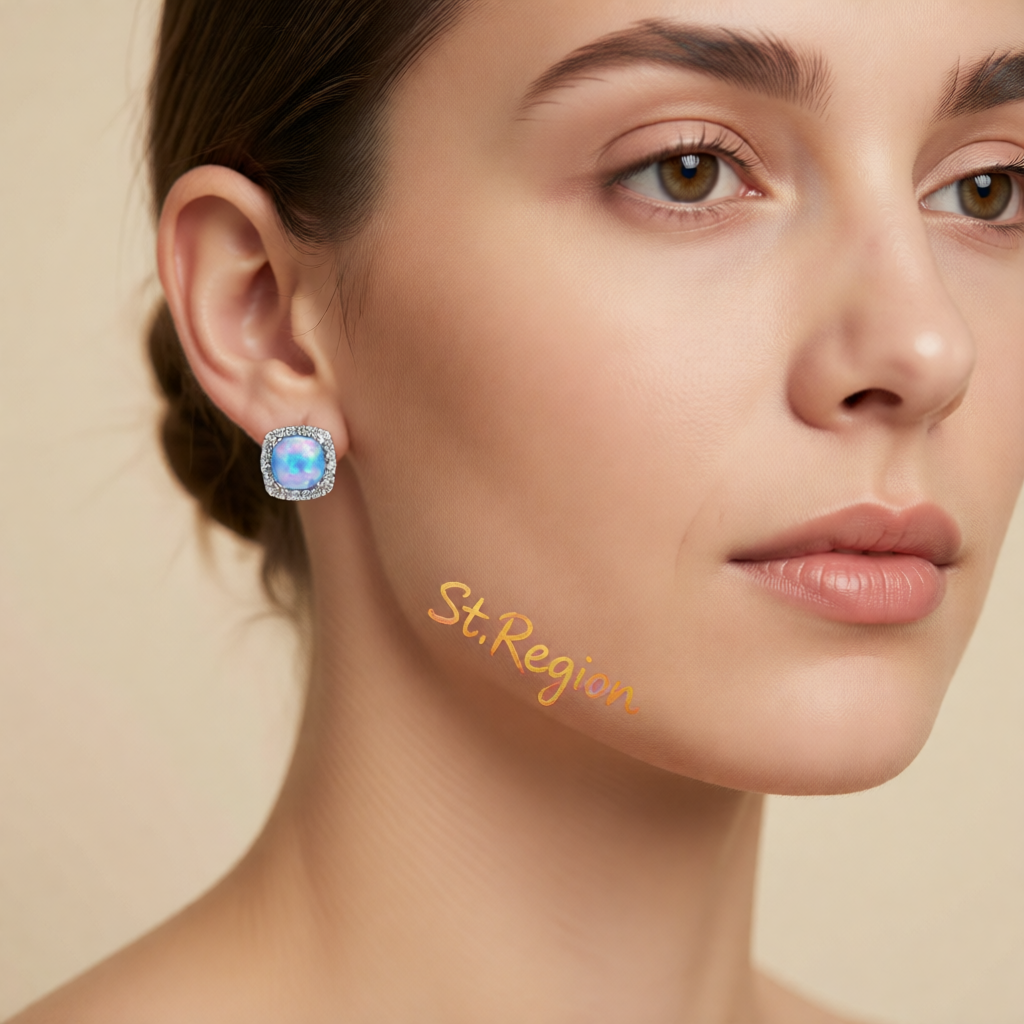 Blue Opal & Cubic Zirconia Square Halo Stud Earrings