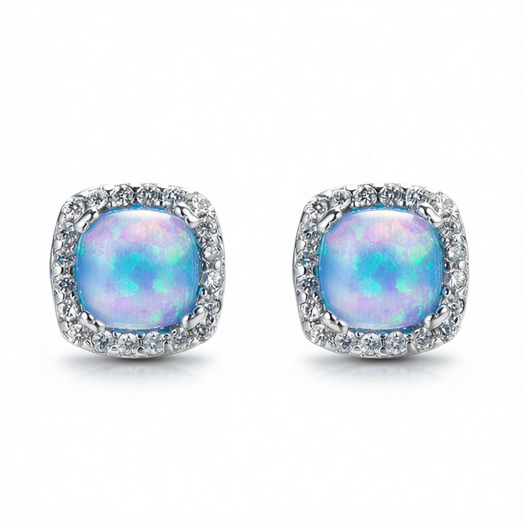 Blue Opal & Cubic Zirconia Square Halo Stud Earrings