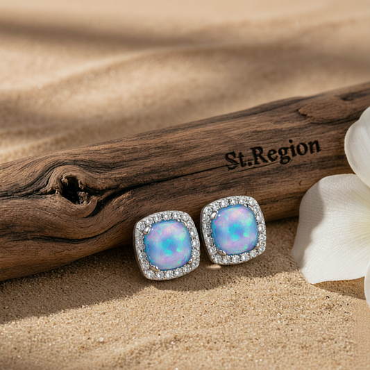 Blue Opal & Cubic Zirconia Square Halo Stud Earrings