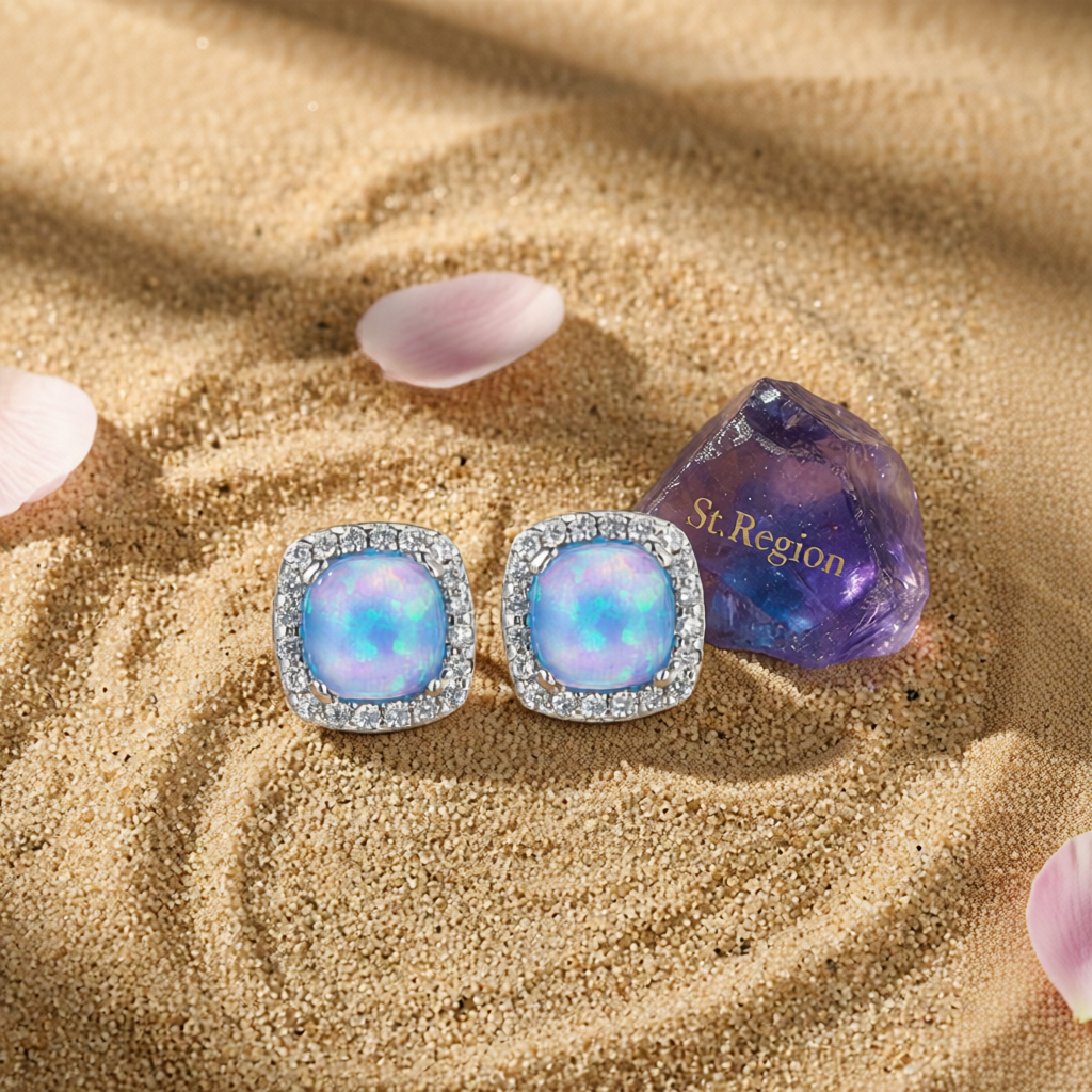 Blue Opal & Cubic Zirconia Square Halo Stud Earrings