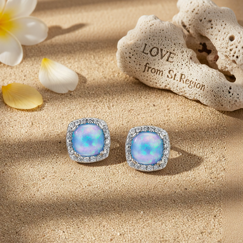 Blue Opal & Cubic Zirconia Square Halo Stud Earrings