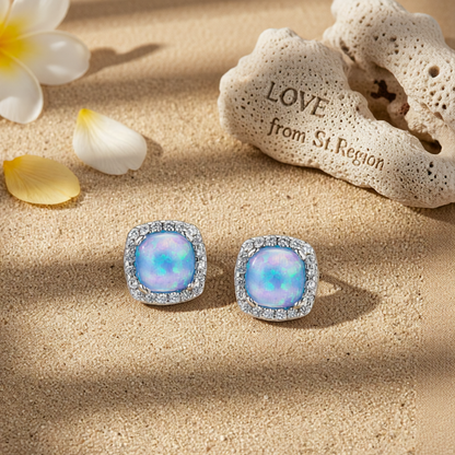 Blue Opal & Cubic Zirconia Square Halo Stud Earrings