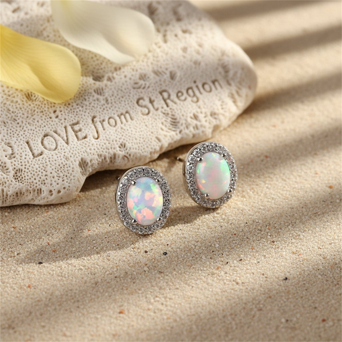 Opal and Cubic Zirconia Oval Halo Stud Earrings, cubic zirconia stud earrings for women, lifestyle look