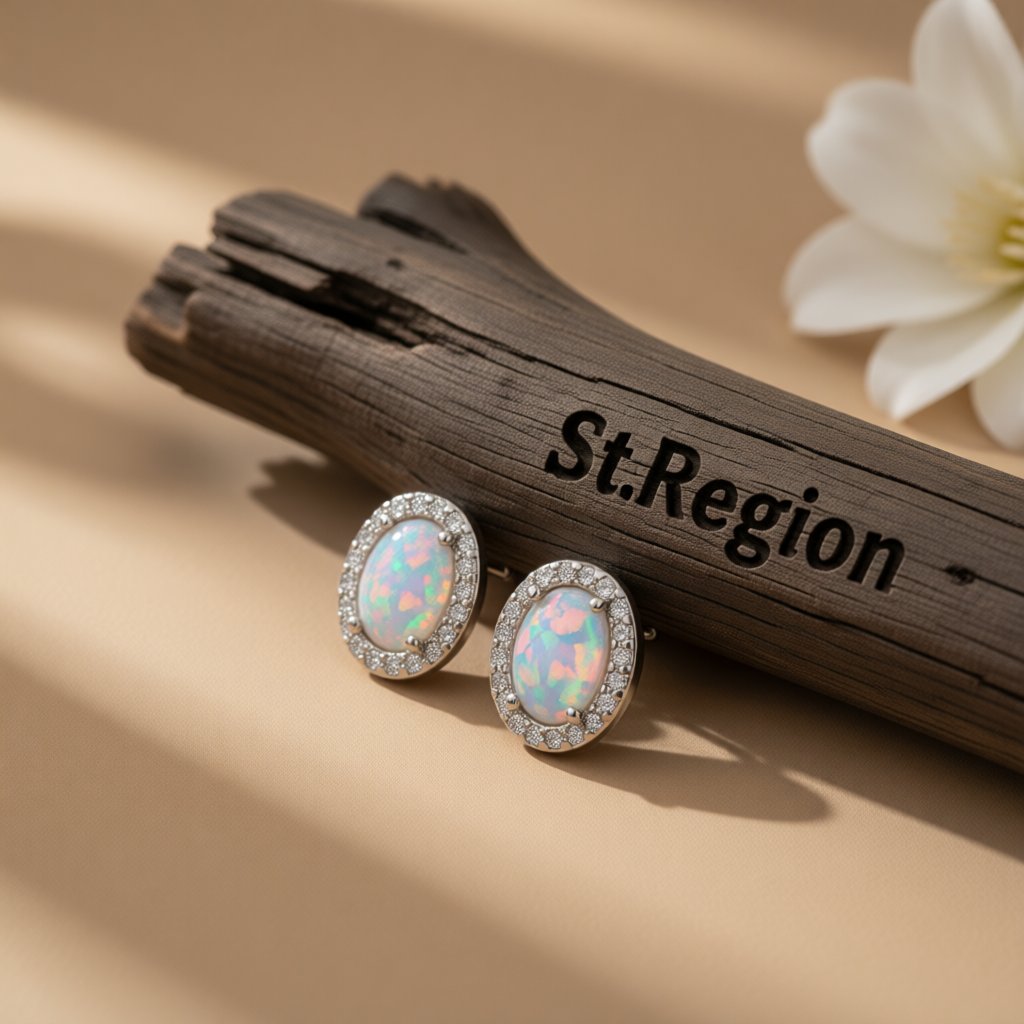 Opal and Cubic Zirconia Oval Halo Stud Earrings, cubic zirconia stud earrings for women, dainty minimalist design, front view