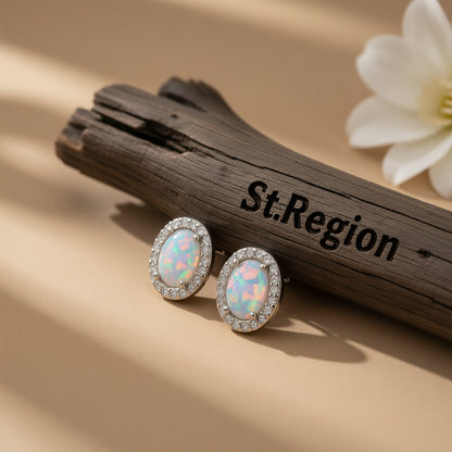 Opal and Cubic Zirconia Oval Halo Stud Earrings, cubic zirconia stud earrings for women, dainty minimalist design, front view