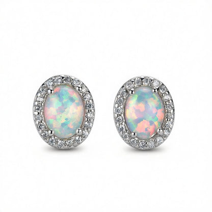 Opal and Cubic Zirconia Oval Halo Stud Earrings, cubic zirconia stud earrings for women, dainty minimalist design, side view