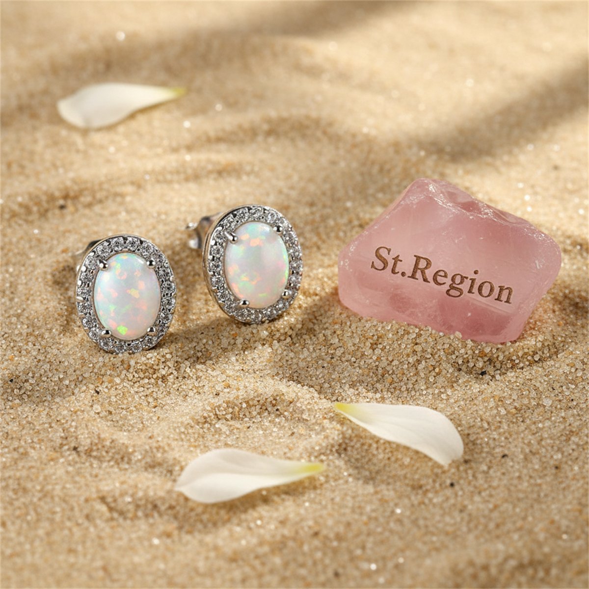 Opal and Cubic Zirconia Oval Halo Stud Earrings, cubic zirconia stud earrings for women, detail close-up