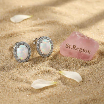 Opal and Cubic Zirconia Oval Halo Stud Earrings, cubic zirconia stud earrings for women, detail close-up