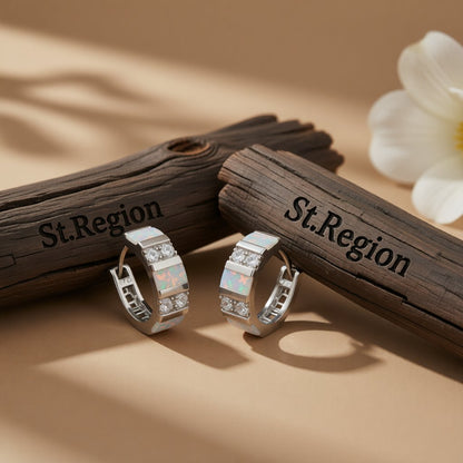 Opal and Cubic Zirconia Huggie Earrings, huggie earrings, dainty minimalist design, front view