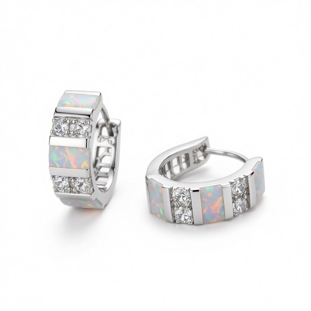 Opal and Cubic Zirconia Huggie Earrings, huggie earrings, dainty minimalist design, side view
