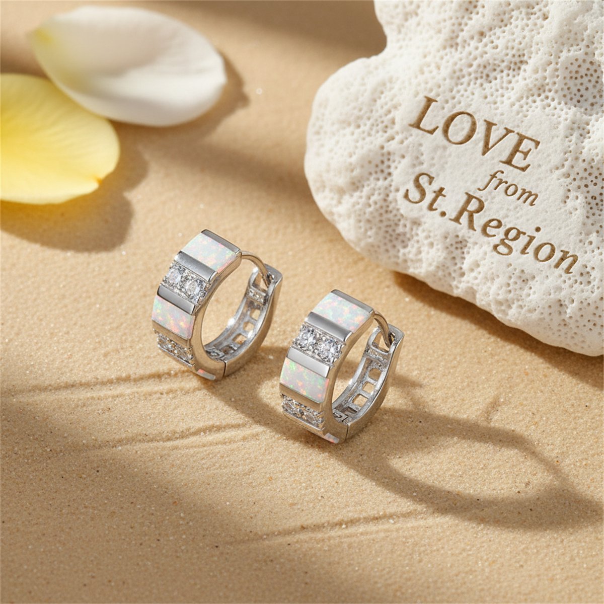 Opal and Cubic Zirconia Huggie Earrings, huggie earrings, dainty minimalist design, lifestyle look