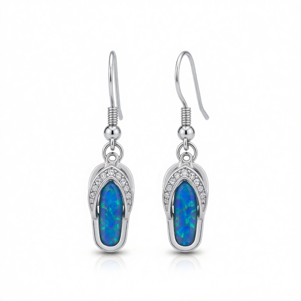 Blue Opal and Cubic Zirconia Flip-Flop Drop Earrings, drop earrings for women, vintage-inspired design, side view