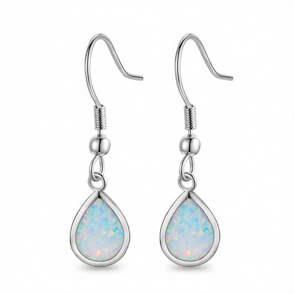 White Opal & Silver-Plated Teardrop Earrings