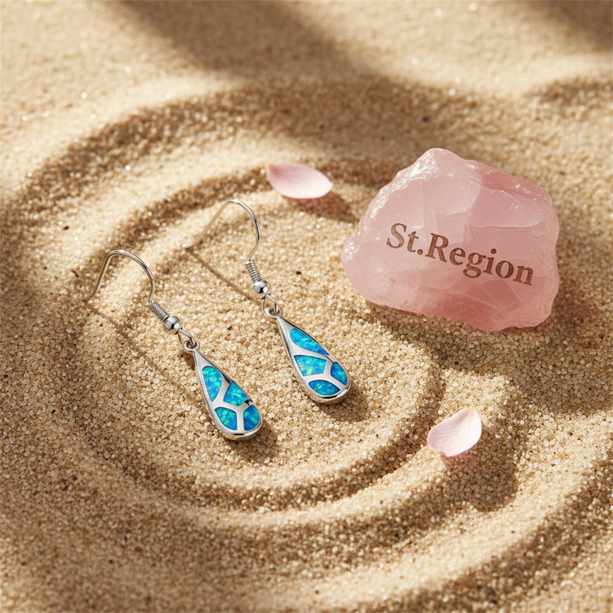 Blue Opal and Silver-Plated Teardrop Earrings, silver drop earrings for women, dainty minimalist design, detail close-up