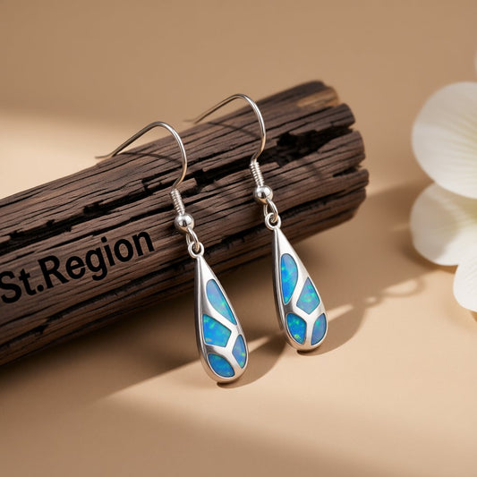 Blue Opal and Silver-Plated Teardrop Earrings, silver drop earrings for women, dainty minimalist design, front view