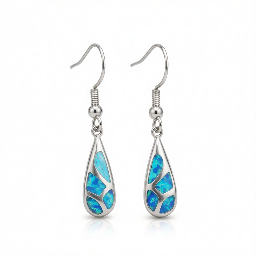 Blue Opal and Silver-Plated Teardrop Earrings, silver drop earrings for women, dainty minimalist design, side view