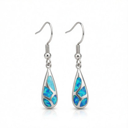Blue Opal and Silver-Plated Teardrop Earrings, silver drop earrings for women, dainty minimalist design, side view