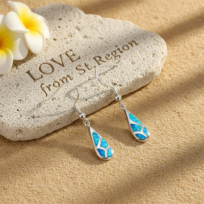 Blue Opal and Silver-Plated Teardrop Earrings, silver drop earrings for women, dainty minimalist design, lifestyle look
