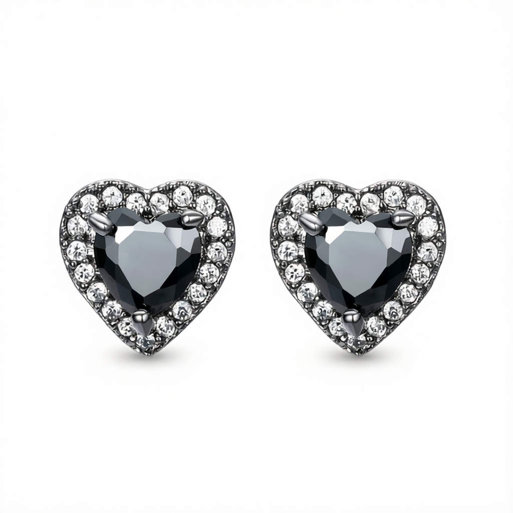 Black Crystal & Cubic Zirconia Rhodium-Plated Halo Heart Stud Earrings