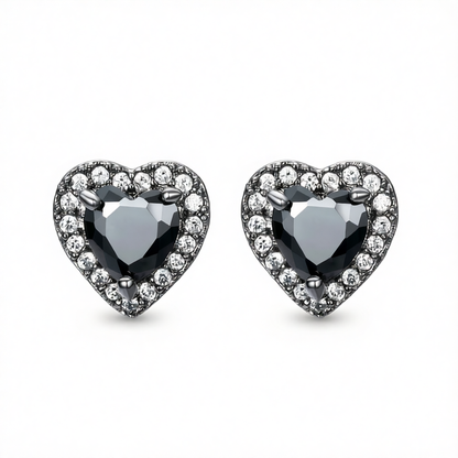Black Crystal & Cubic Zirconia Rhodium-Plated Halo Heart Stud Earrings