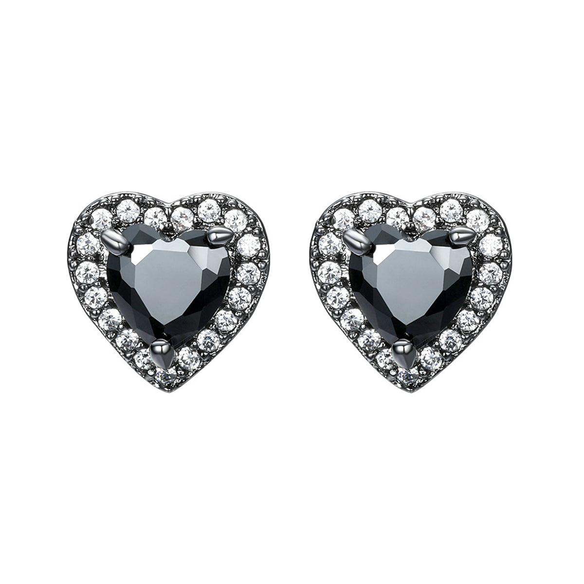 Black Crystal & Cubic Zirconia Rhodium-Plated Halo Heart Stud Earrings
