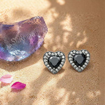 Black Crystal & Cubic Zirconia Rhodium-Plated Halo Heart Stud Earrings