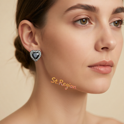 Black Crystal & Cubic Zirconia Rhodium-Plated Halo Heart Stud Earrings