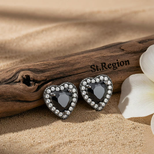 Black Crystal & Cubic Zirconia Rhodium-Plated Halo Heart Stud Earrings
