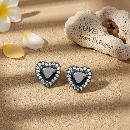 Black Crystal & Cubic Zirconia Rhodium-Plated Halo Heart Stud Earrings