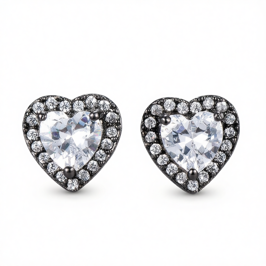 Clear Crystal & Cubic Zirconia Rhodium-Plated Halo Heart Stud Earrings