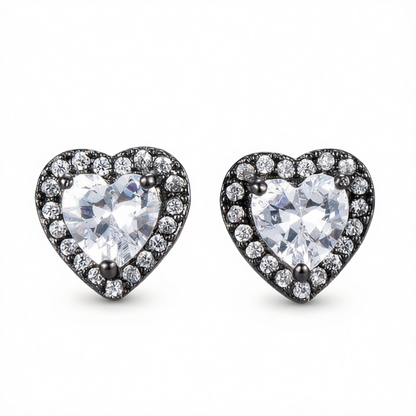 Clear Crystal & Cubic Zirconia Rhodium-Plated Halo Heart Stud Earrings