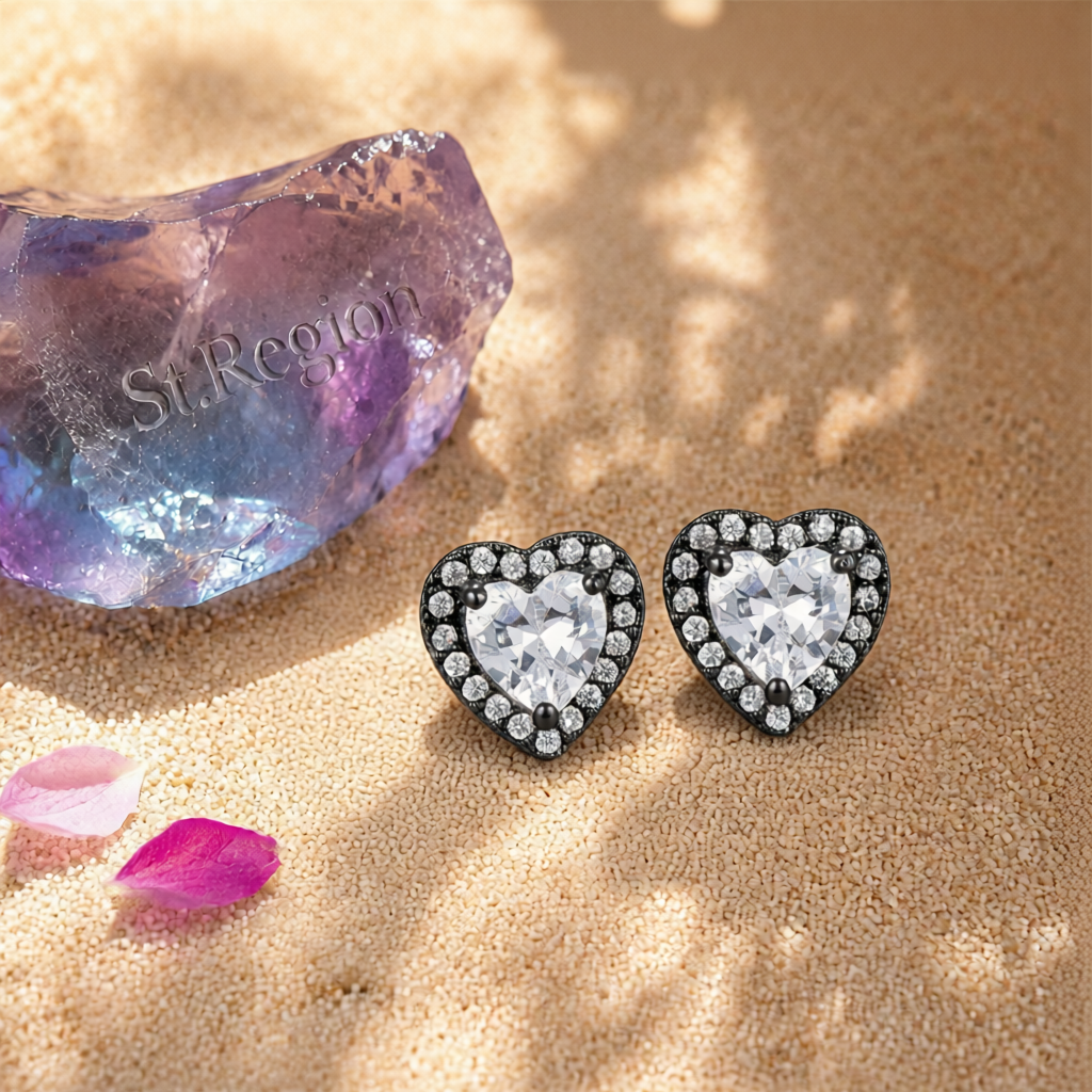 Clear Crystal & Cubic Zirconia Rhodium-Plated Halo Heart Stud Earrings